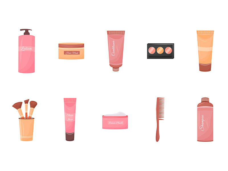 Cosmetics containers flat color vector objects set