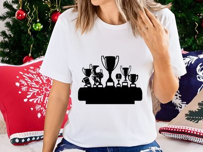 Collection of various trophies on a table or shelf display