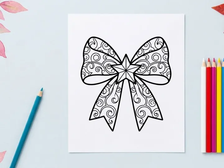 Christmas bow with star ornament line art illustration for holiday coloring page design