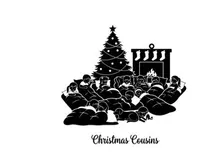 Christmas cousins silhouette gathering around fireplace by tree