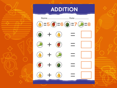 Addition with different fruits for kids. An educational worksheet for kids. Vector design