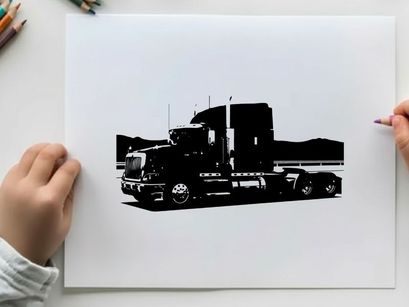 Silhouette of a semi truck on the road with mountains in the background