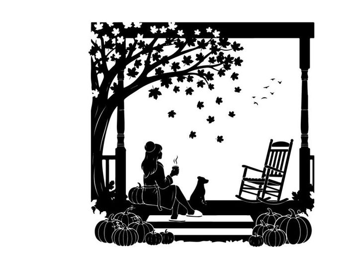Silhouette of woman and dog on porch with autumn leaves