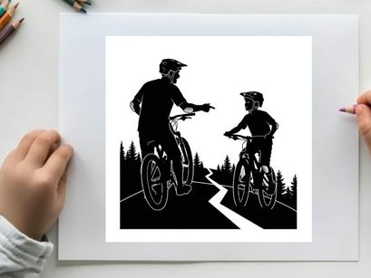 Cyclists on a forest road in silhouette
