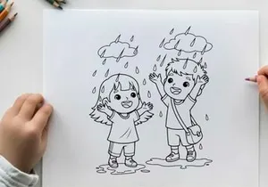Children playing in rain vector illustration flat design