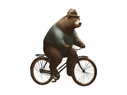 Vintage Bear riding a bike in floral countryside road, isolated in white background.