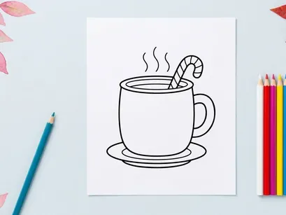 Caneca de chocolate quente de Natal com ilustração de arte de linha de bastão de doces para página de colorir
