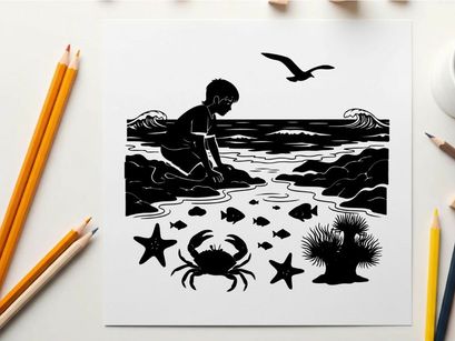 Boy exploring beach with marine life and seagull