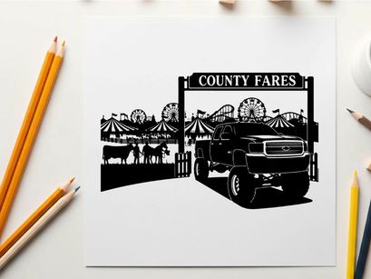 Silhouette of a truck at county fares fairground with ferris wheel and animals