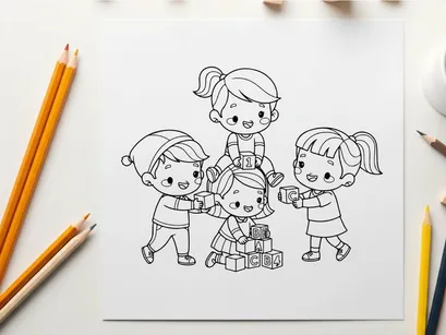 Children playing with alphabet blocks vector illustration