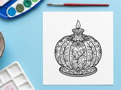 Elegant vintage perfume bottle with candle on top. Ornate glass container featuring intricate floral engravings and decorative lid for luxury home...