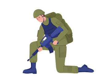 Army soldier with rifle looking for trace flat color vector character preview picture