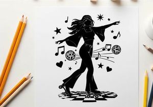 Disco dancer silhouette with music notes and symbols