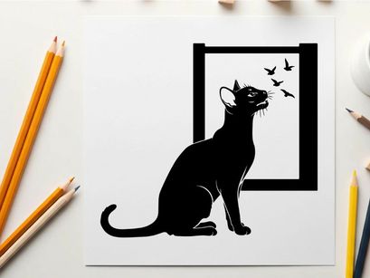 Black silhouette cat looking at birds through a window silhouette