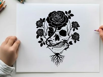 Silhouette skull with roses and roots silhouette