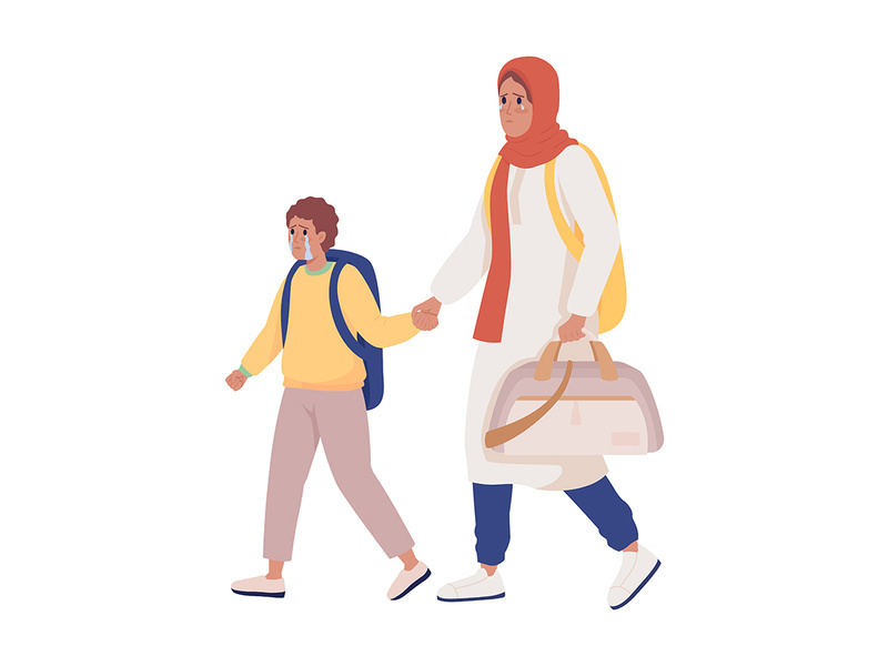 Mom with boy running away from shelling flat color vector characters