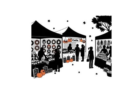 Silhouette of people at a vibrant outdoor market with tents and goods