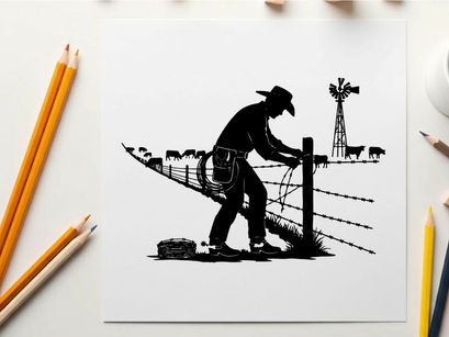 Cowboy fixing fence in silhouette at rural farm landscape