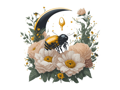 Watercolor Floral Honey Moon With Flying Bee And Sunflower, Vector Illustration Isolated In White Background.