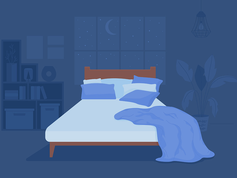 Dark bedroom with unmade bed illustration