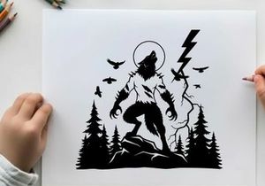 Silhouette of a werewolf in a forest with lightning and birds silhouette