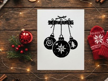 Weihnachtskugeln an einem Holzast, schwarze und weiße Vektorgrafik.