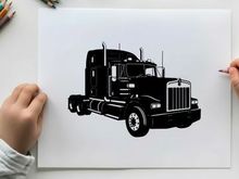 Silhouette of a large black semi truck with grill and wheels