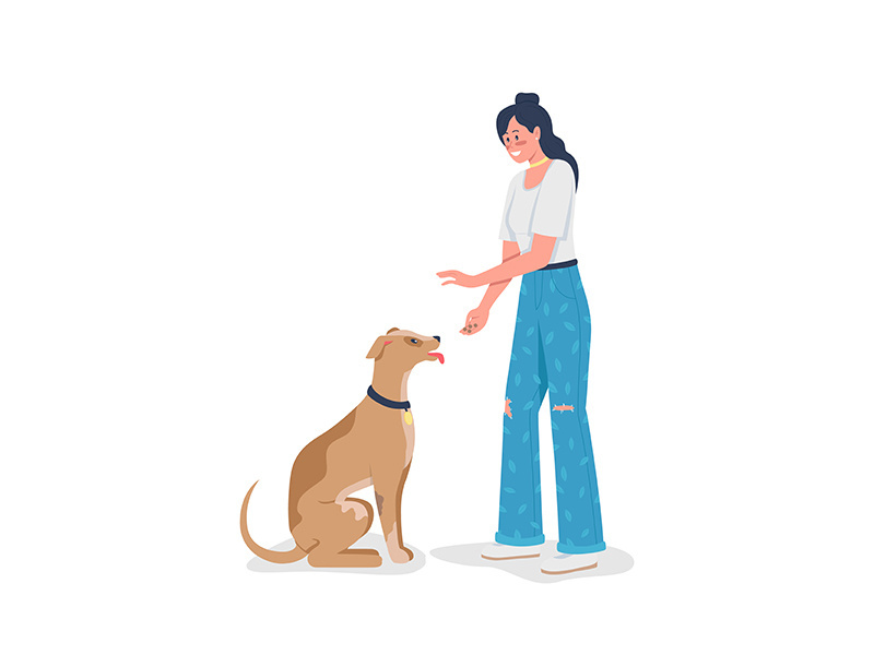 Woman teaching dog to sit flat color vector detailed character