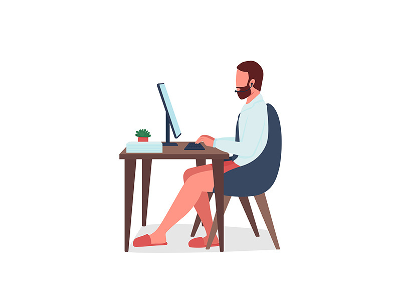 Freelancer on video call with no pants flat color vector faceless character