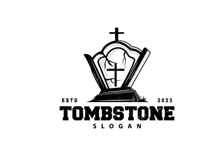 Tombstone Logo, Tomb Cemetery Cross, Vector Vintage