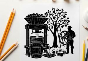 Vintage silhouette of a farmer at a cider press