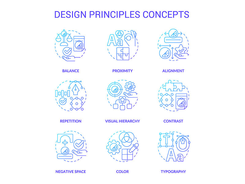 Design principles blue gradient concept icons set