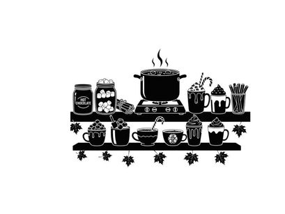 Silhouette of kitchen items on a shelf with a pot and cups silhouette
