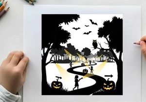Halloween silhouette of children trick or treating in a spooky forest with jack o lanterns