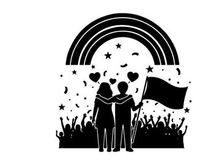 Silhouette of a couple celebrating with a rainbow and crowd