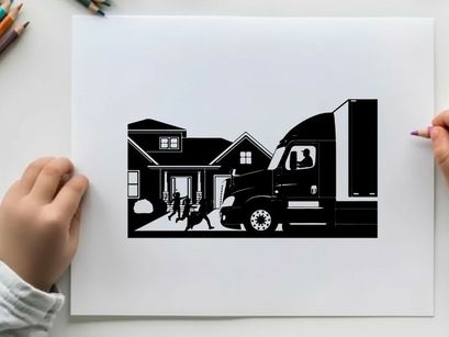 Silhouette of moving truck parked at suburban home with people