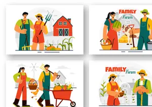 9 Family Working on a Farm Illustration