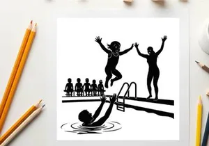 Silhouette of children playing and jumping into a swimming pool