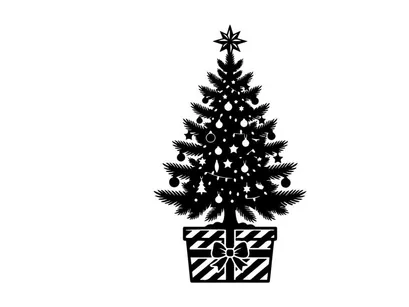 Black silhouette of a decorated Christmas tree in a gift box on a white background.