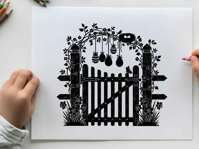 Silhouette of a garden gate with beehives and honeycombs silhouette