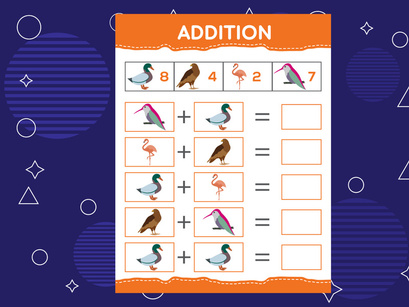 Addition with different birds for kids. An educational worksheet for kids. Vector design