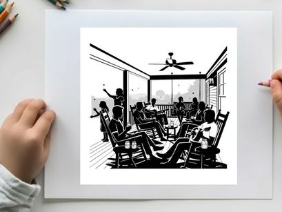 Silhouette of people sitting in rocking chairs on a porch