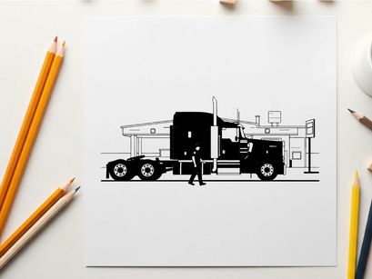 Silhouette of a man standing beside a large truck silhouette