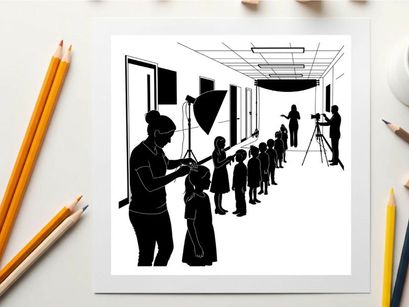 Silhouette of a line of children and photographers in a hallway setting