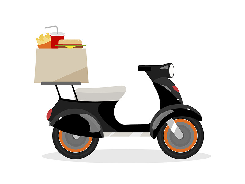 Delivering fast food on scooter flat color vector object