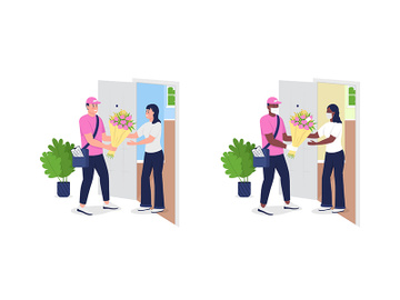 Delivery man with flowers and customer flat color vector detailed character set preview picture
