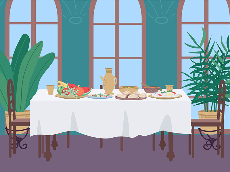 Indian dinner at home flat color vector illustration