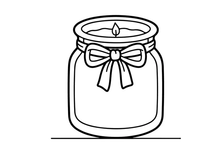 Candle in a glass jar with a bow. Simple line art drawing of a decorative scented candle.
