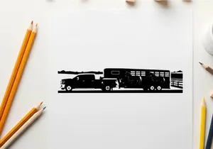 Silhouette of a pickup truck towing a horse trailer