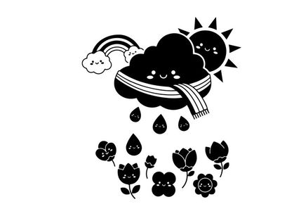 Whimsical silhouette of a cloud wearing scarf with flowers and rainbow
